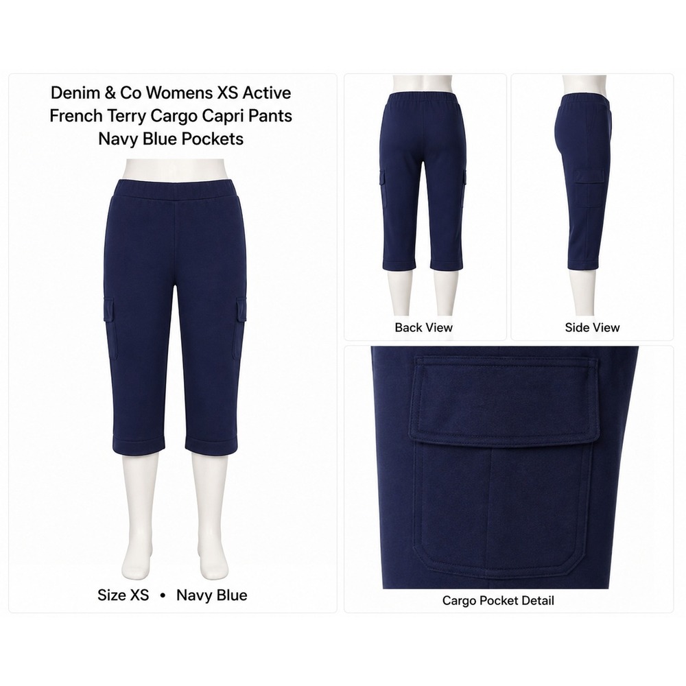 Denim & Co Womens XS Active French Terry Cargo Capri Pants Navy Blue A275283 NWT